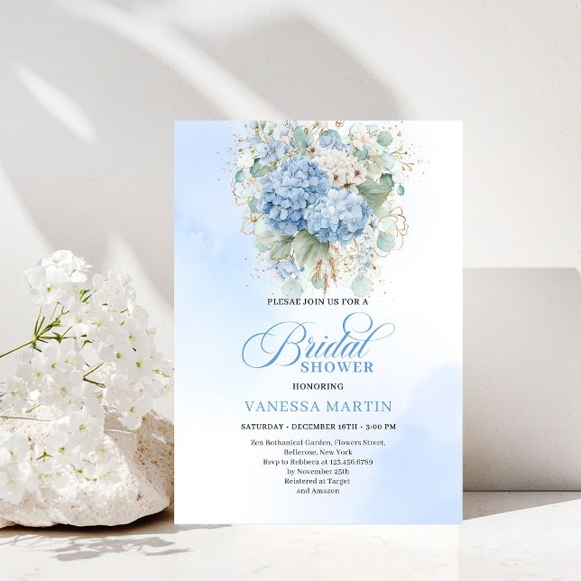 Invitation Romantic Blue Hydrangea Gold Floral Bridal Shower (Romantic Blue Hydrangea Gold Floral Bridal Shower Invitation)