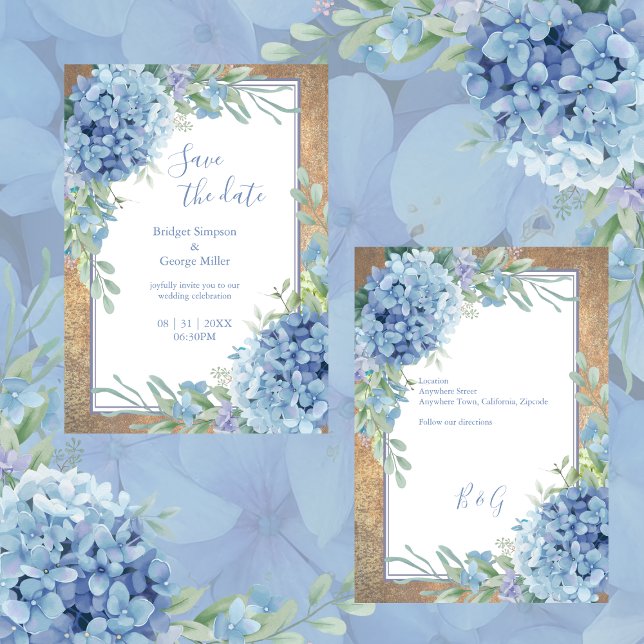 Invitation Romantic Blue Hydrangea Monogramme enregistrer la  (Créateur téléchargé)