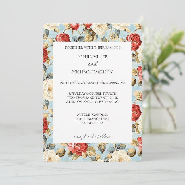 Invitation Romantic Blue Red Cream Roses Floral Wedding (Debout devant)