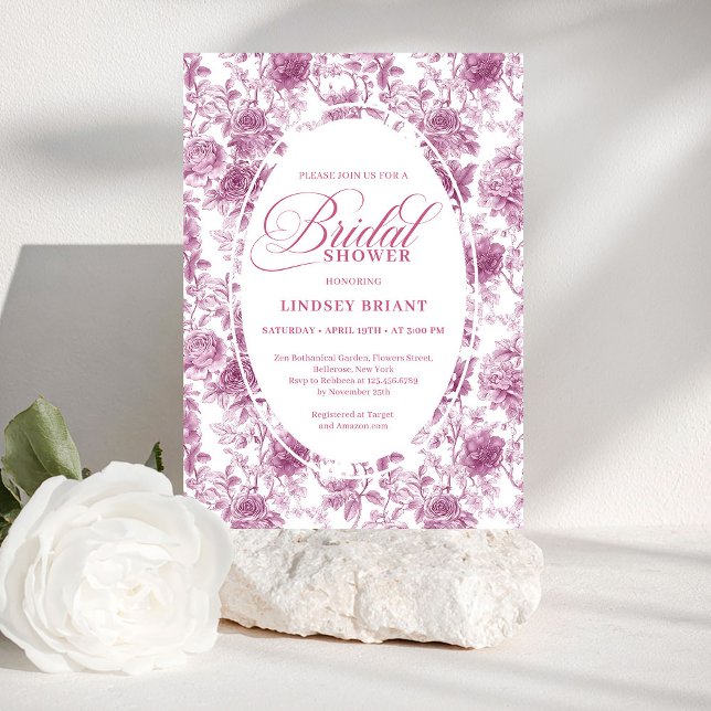 Invitation Romantic Blush Rose Pattern French Toile Bridal  (pink French toile de jouy,
Luxurious blush roses bridal shower,
dusty pink flowers botanical garden,)