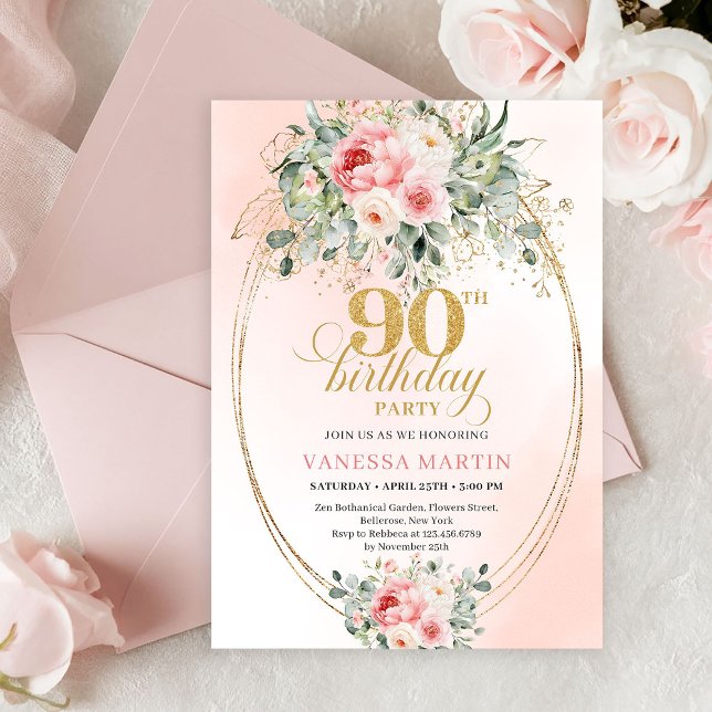 Invitation Romantic Blush Roses Greenery 90th Birthday Invite (Luxury Blush Rose Gold Boho 90th Birthday Invite)