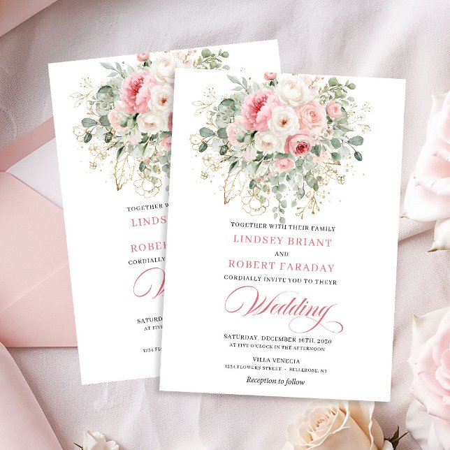 Invitation Romantic Blush Roses Greenery Gold Wedding Invite (Romantic Blush Roses Greenery Gold Wedding Invite)