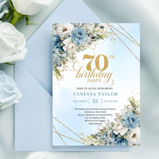 Invitation Romantic boho blue florals gold frame 70th birthda (Romantic boho blue florals gold frame 70th birthday

)