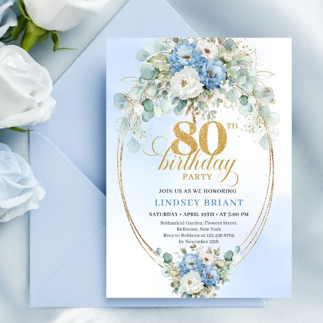 Invitation Romantic Boho Blue Peonies Gold 80th Birthday (Romantic Boho Blue Peonies Gold 80th Birthday Invitation)