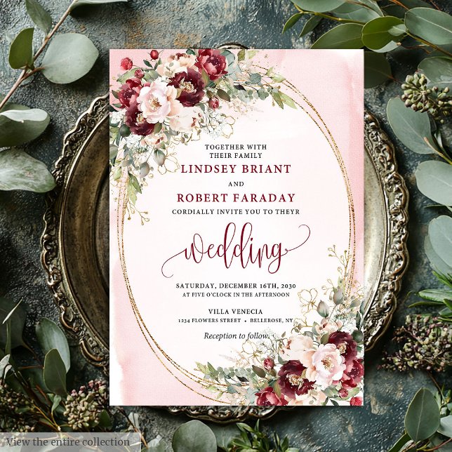 Invitation Romantic Boho Burgundy Blush Gold Floral Invite (Romantic Boho Burgundy Blush Gold Floral Invite)