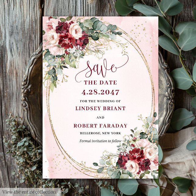 Invitation Romantic Boho Deep Red Blush Gold Floral Save It (Romantic Boho Deep Red Blush Gold Floral Save It)