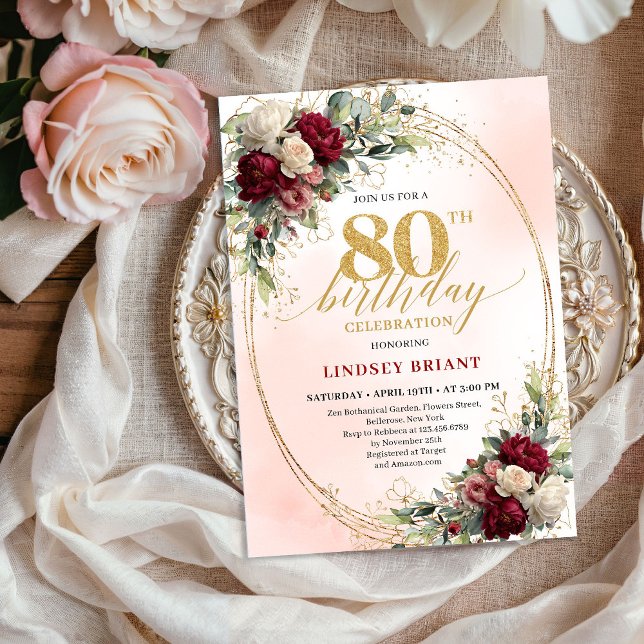 Invitation Romantic Boho Floral 80th Birthday Celebration  (Romantic Boho Floral 80th Birthday Celebration Invite)