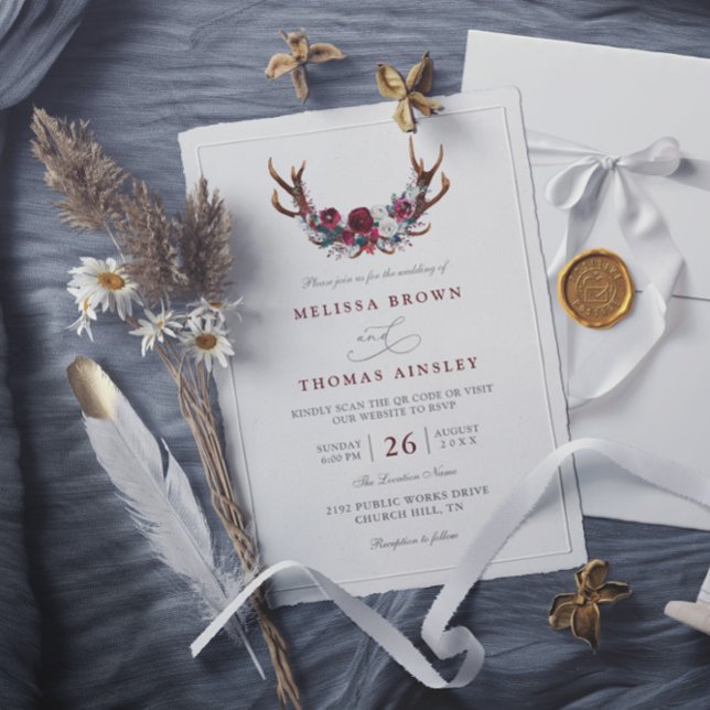 Invitation Romantic Burgundy Floral Antlers QR Code Wedding (Créateur téléchargé)