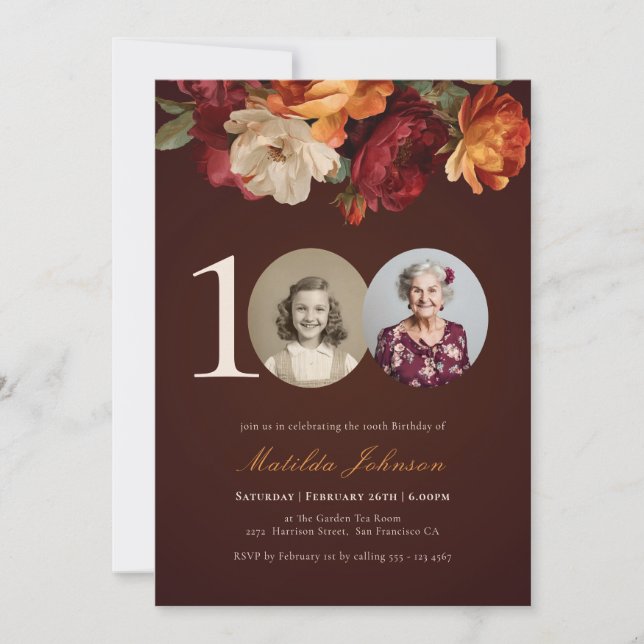Invitation Romantic Burgundy Floral Photo 100th Birthday (Devant)