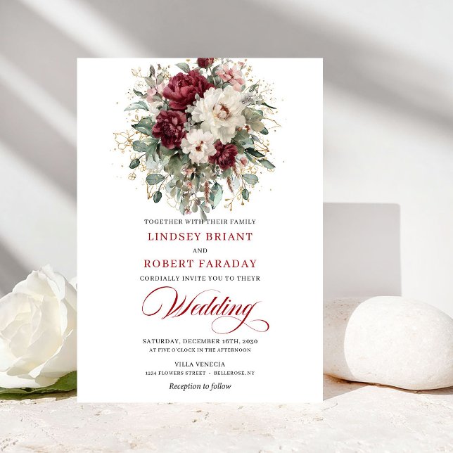 Invitation Romantic Burgundy White Gold Frame Wedding Invite (Romantic Burgundy White Gold Frame Wedding Invite)