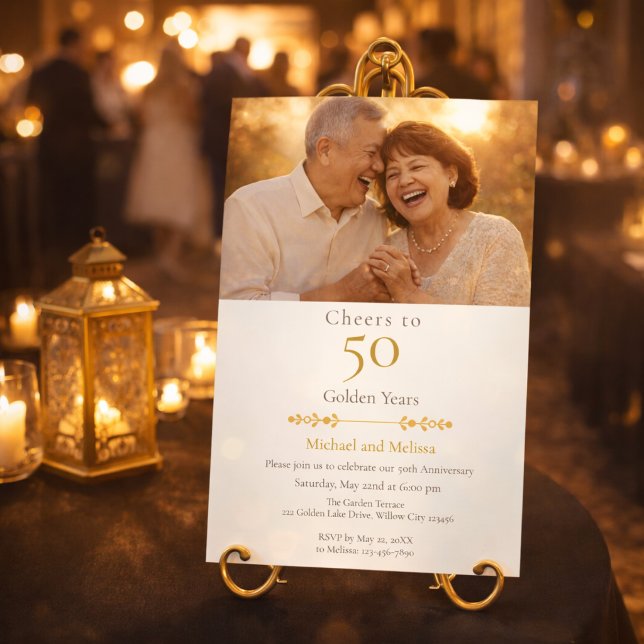 Invitation Romantic Cheers to 50 Years Gold (Elegant gold anniversary invite displayed at a romantic candlelit venue entrance)