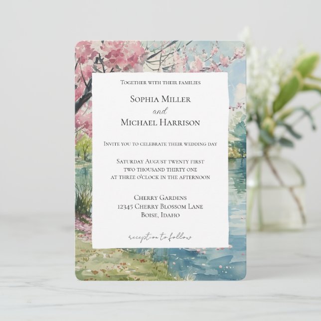Invitation Romantic Cherry Blossom Floral Lake Wedding (Debout devant)