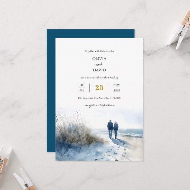 Invitation Romantic Couple Moonlight Beach Flâner Mariage (Devant/Arrière en situation)