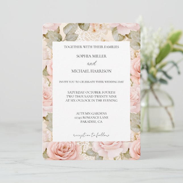 Invitation Romantic Cream Blush Pink Rose Floral Wedding (Debout devant)