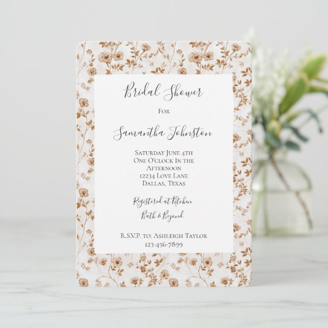 Invitation Romantic Cream Brown Floral Bridal Shower (Debout devant)