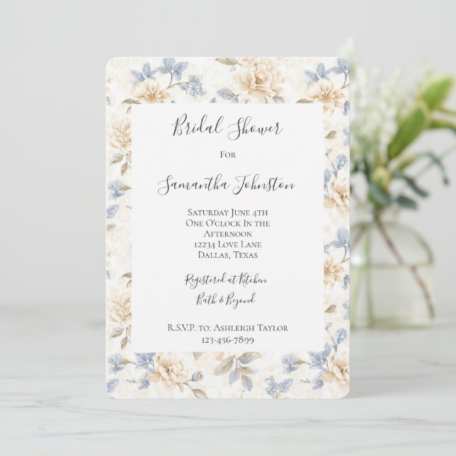 Invitation Romantic Cream Floral Blue Leaves Bridal Shower (Debout devant)