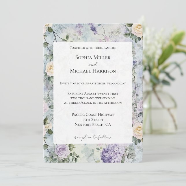 Invitation Romantic Crème fleurs violet Mariage (Debout devant)