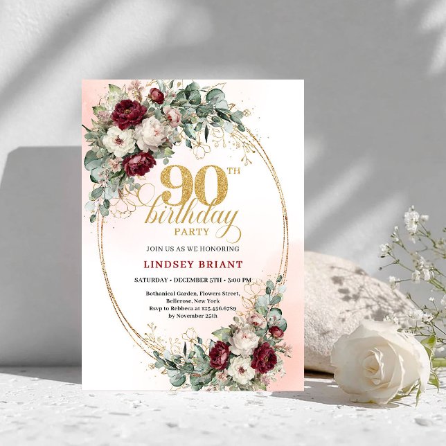 Invitation Romantic Deep Red Floral Gold 90th Birthday Invite (Romantic Deep Red Floral Gold 90th Birthday Invitation)