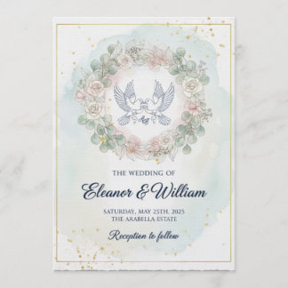 Invitation Romantic Doves  Pink Floral Watercolor Wedding