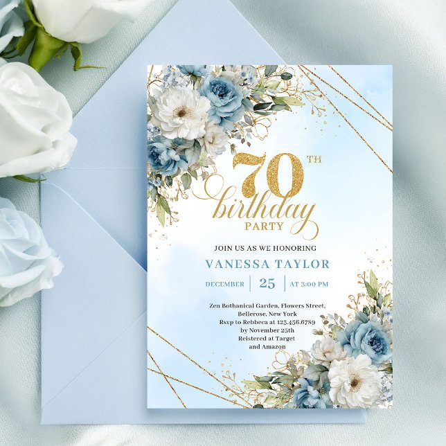 Invitation Romantic Dusty Blue 70th Birthday Invite (Romantic Dusty Blue 70th Birthday Invite)