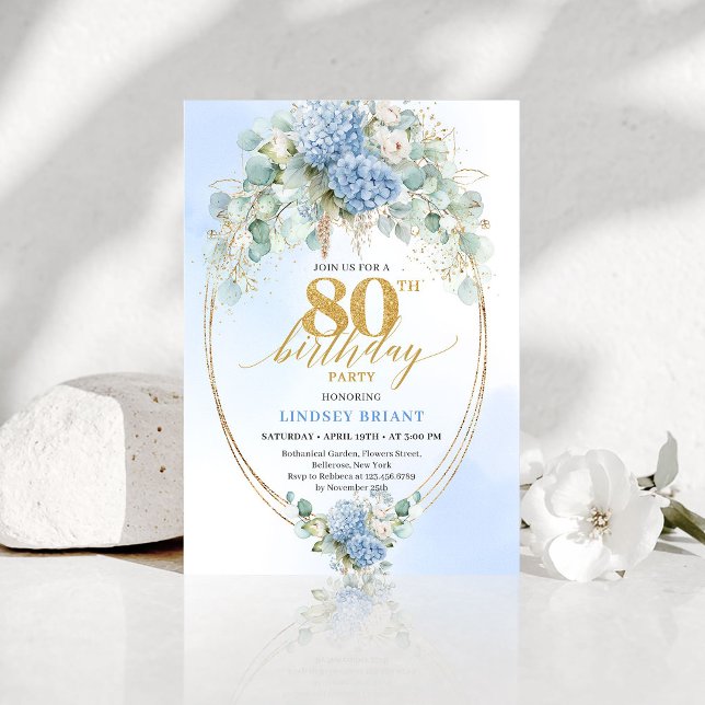 Invitation Romantic Dusty Blue Floral Gold 80th Birthday (Romantic Dusty Blue Floral Gold 80th Birthday Invite)
