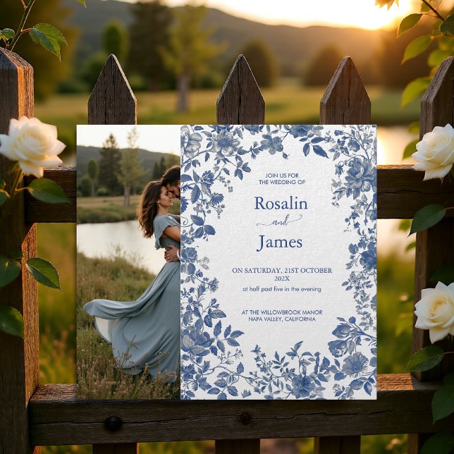 Invitation Romantic Dusty Blue Toile Floral Photo Wedding  (Romantic Dusty Blue Toile Floral Photo Wedding Invitation)