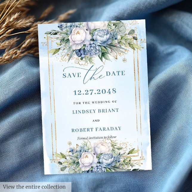 Invitation Romantic Dusty Blue White Gold Peonies Save Date (Romantic Dusty Blue White Gold Peonies Save The Date)