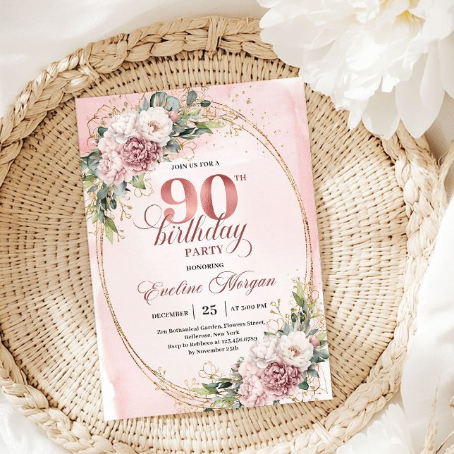 Invitation Romantic Dusty Pink Gold Eucalyptus 90th Birthday  (Rose Gold Blush Floral 50th Birthday 36-50)