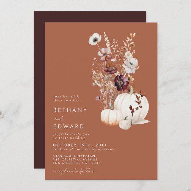 Invitation Romantic Fall Terracotta Fleur sauvage Mariage (Devant / Derrière)