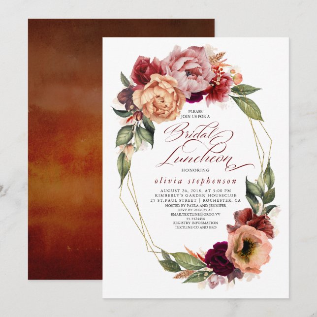 Invitation Romantic Floral Tones Earthy Chute Nuptiale Déjeun (Devant / Derrière)