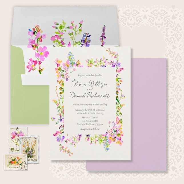 Invitation Romantic Garden Floral Wedding  (Garden Wildflowers Watercolor Wedding Invitation Suite.)