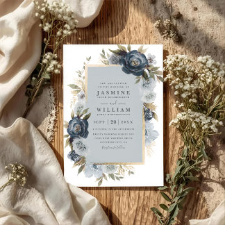 Invitation Romantic Indigo Floral Elegant QR Code Wedding
