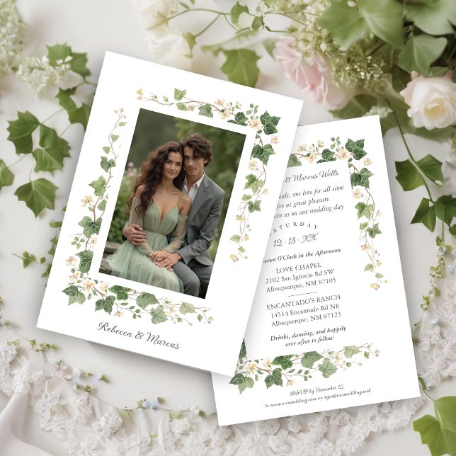 Invitation Romantic Ivy and Floral Frame Wedding Photo (Romantic Ivy and Floral Frame Wedding Photo Invitation Cards.)