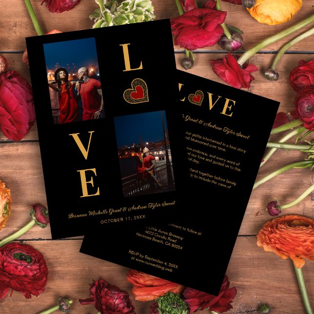 Invitation Romantic Love Red Lace Heart 2 Multi Photos  (Romantic Love Red Heart Fake Lace and Fake Golden Effect Simple Classic 2 Photos Collage Invitation.)