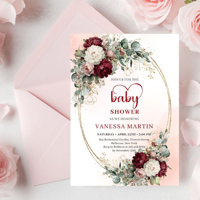 Invitation Romantic Maroon Floral Gold Baby Shower Invite (Romantic Maroon Floral Gold Baby Shower Invite

)