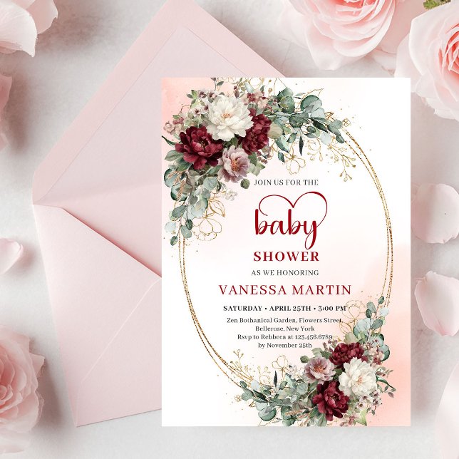 Invitation Romantic Marsala Flowers Heart-Shaped Font Baby  (Romantic Marsala Flowers Heart-Shaped Font Baby Shower Invite)