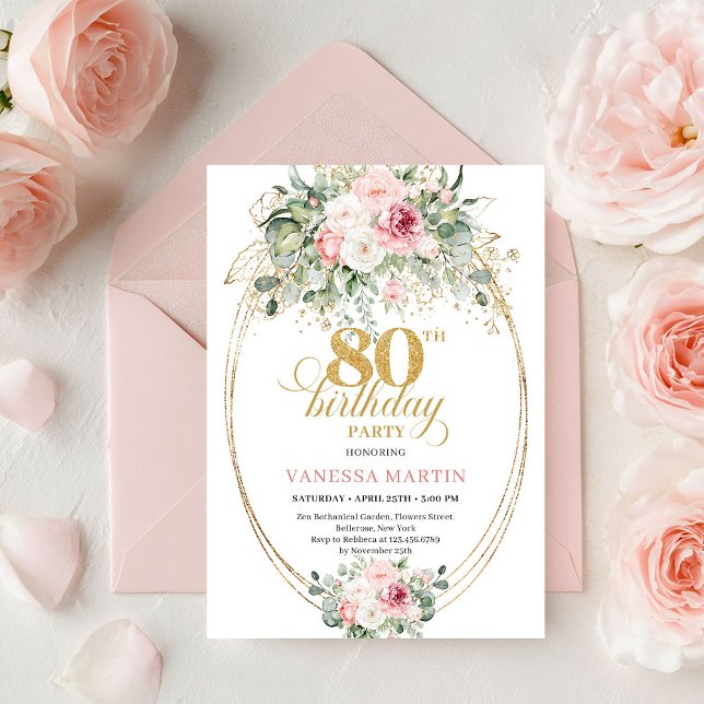 Invitation Romantic Minimalist Blush Floral 80th Birthday  (Romantic Minimalist Blush Floral 80th Birthday Invite

)