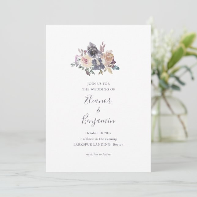 Invitation Romantic Moody Plum Watercolor Floral Wedding (Debout devant)
