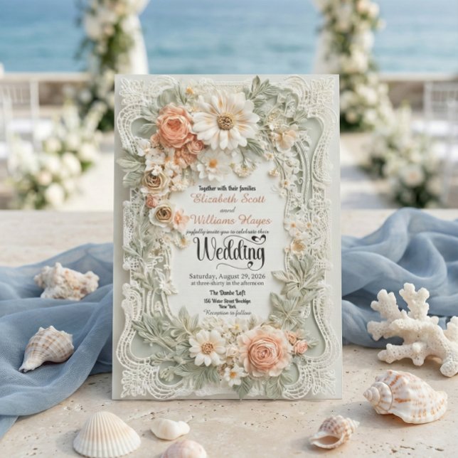 Invitation Romantic Peach Floral Faux Embossed Wreath Wedding (Créateur téléchargé)