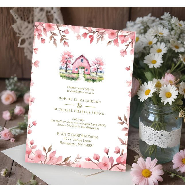 Invitation Romantic Pink Barn Rustic Landscape Floral Frame (Romantic Pink Barn in Rustic Landscape and Cute Floral Frame Wedding Invitations Cards. )