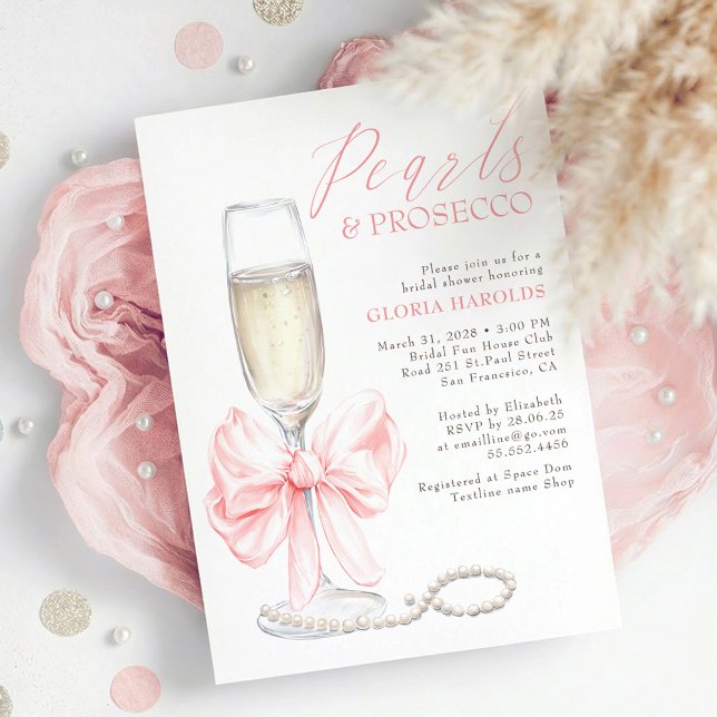 Invitation Romantic Pink Bow Pearls & Prosecco Bridal Shower (Pink Bow Pearls and Prosecco Elegant Romantic Bridal Shower Invitation)
