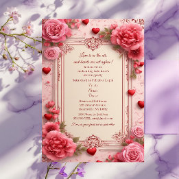 Invitation Romantic Pink Heart Motifs Valentine Party Floral 