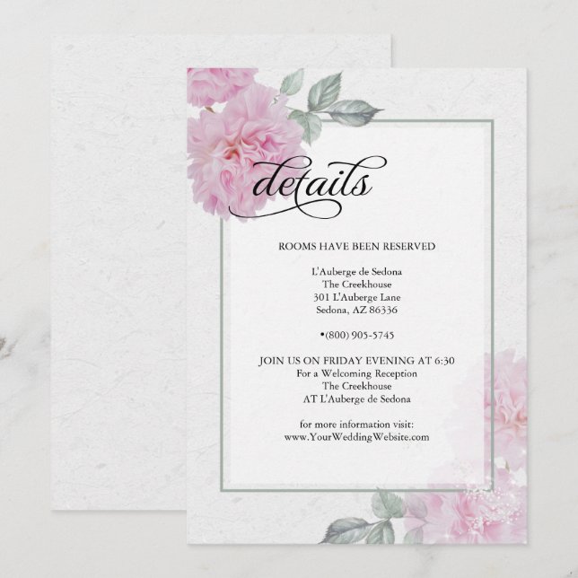 Invitation Romantic Pink Peonies Rice Papier Mariage Détails (Devant / Derrière)