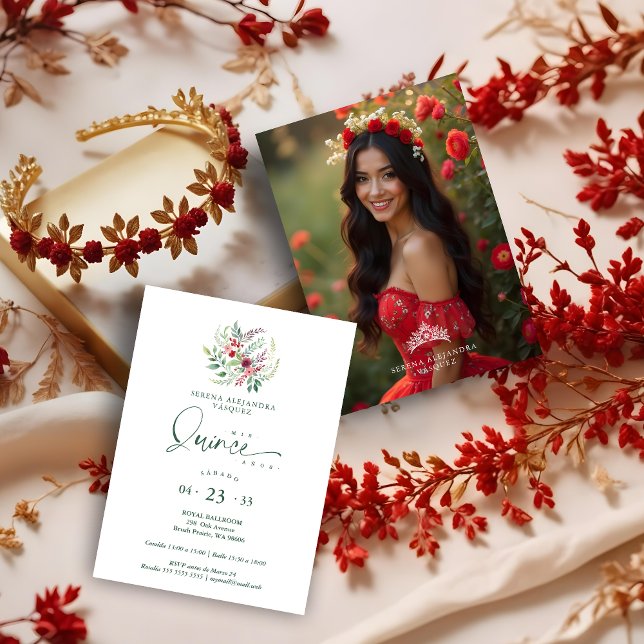 Invitation Romantic Red Floral Floral Boho Quinceañera (Spanish Romantic Red Floral Floral Boho Quinceañera Invitations Cards with Back Photo & Tiara.)