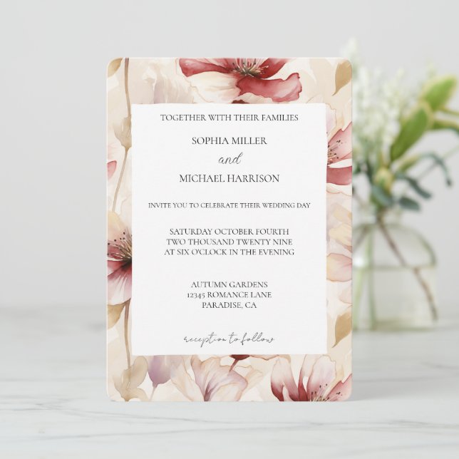 Invitation Romantic Red White Cream Floral Wedding (Debout devant)