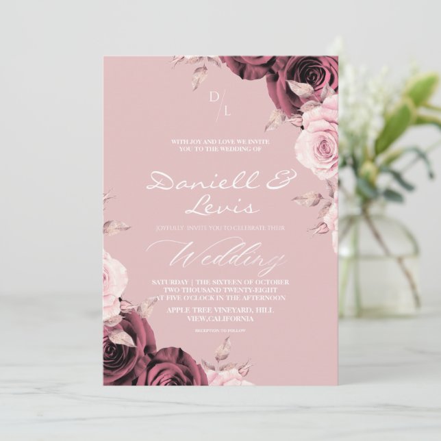 Invitation Romantic Roses Dusty Pink ⎮ Mauve Wedding  (Debout devant)