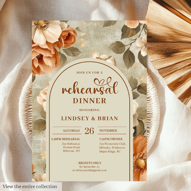 Invitation Romantic Rusty Beige Sage Floral Wedding Rehearsal (Romantic Rusty Beige Olive Floral Wedding Rehearsal Invitation)