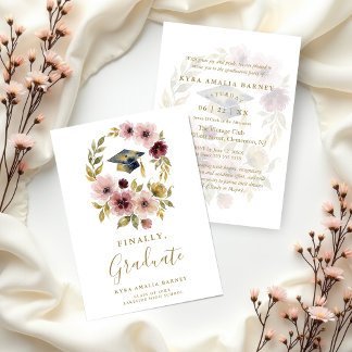 Invitation Romantic Soft Floral Wreath Graduation Cap Design