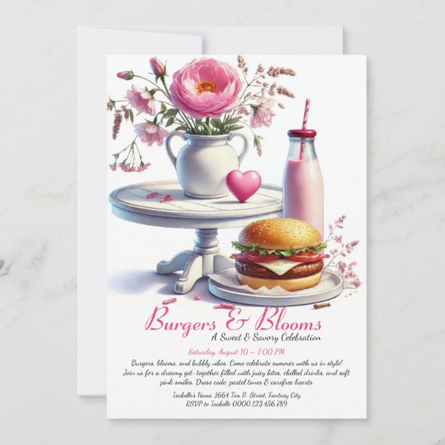 Invitation Romantic Summer Party Watercolor Burger & Pink  (Devant)