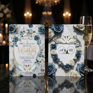 Invitation Romantic Swan Lake Watercolor Blue Floral Wedding